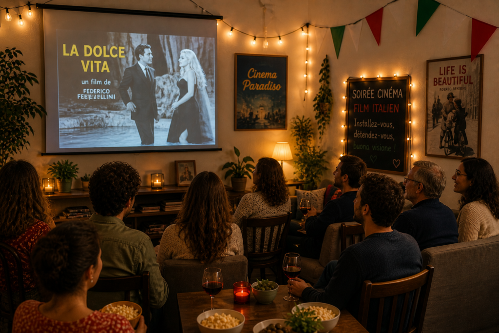 Une assemblée de spectateurs de dos regarde la projection du film classique "La Dolce Vita" de Federico Fellini sur un grand écran blanc. La salle est décorée de guirlandes et d'affiches de films comme "Cinema Paradiso".