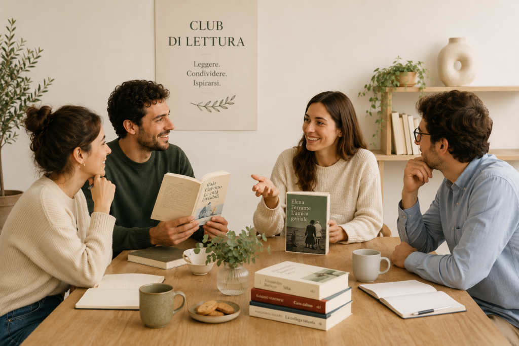 Quatre jeunes adultes, deux femmes et deux hommes, sont installés autour d'une table en bois claire pour un club de lecture. Une femme souriante au centre s'exprime en faisant un geste de la main, tandis qu'un homme à sa droite tient le livre "Le città invisibili" d'Italo Calvino. Sur la table reposent d'autres livres en italien, des carnets de notes ouverts, des tasses et des biscuits. Une affiche en arrière-plan indique "CLUB DI LETTURA - Leggere. Condividere. Ispirarsi."
