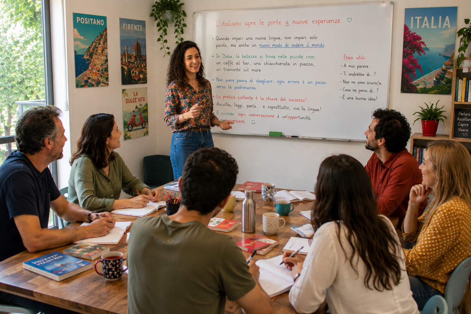 Une enseignante souriante se tient debout devant un tableau blanc, animant un cours d'italien pour un groupe de six adultes installés autour d'une grande table en bois. Le tableau blanc contient des phrases de motivation et des expressions utiles écrites en italien. La pièce est chaleureuse, décorée de plantes vertes et d'affiches vintage de l'Italie (Positano, Firenze).