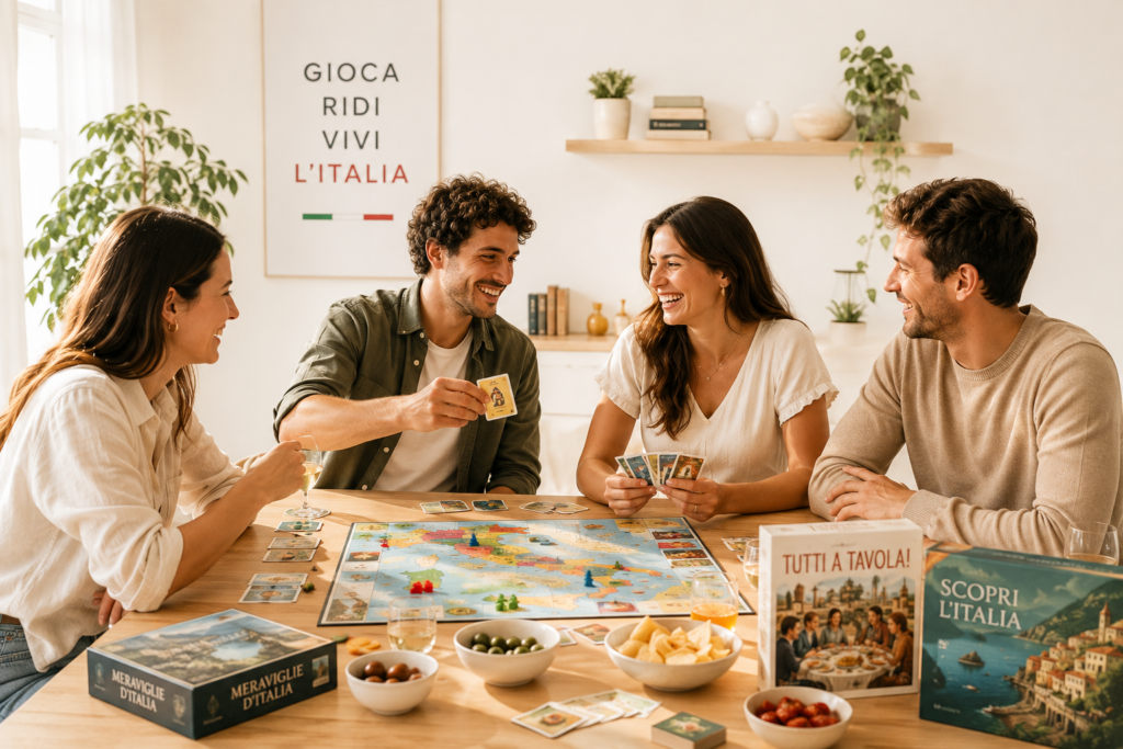 Deux hommes et deux femmes partagent un moment convivial et rient autour d'une grande table en bois lors d'une soirée jeux de société. Un grand plateau de jeu représentant la carte de l'Italie est disposé au centre de la table, entouré de cartes, de pions et de plusieurs boîtes de jeux de société sur le thème italien ("Meraviglie d'Italia", "Tutti a tavola!", "Scopri l'Italie"). Des bols de collations (olives, chips, tomates cerises) et des verres complètent la scène.