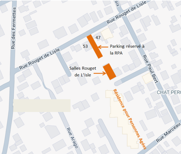 Un plan de quartier simplifié indiquant l'emplacement des Salles Rouget de L'Isle et des zones de stationnement associées. La carte montre la Rue Rouget de Lisle, la Rue Paul Bert et la Rue Arago. Deux rectangles orange mettent en évidence des emplacements spécifiques : l'un indique les Salles Rouget de L'Isle et l'autre désigne un parking réservé à la RPA (Résidence pour Personnes Agées) situé entre les numéros 53 et 47.