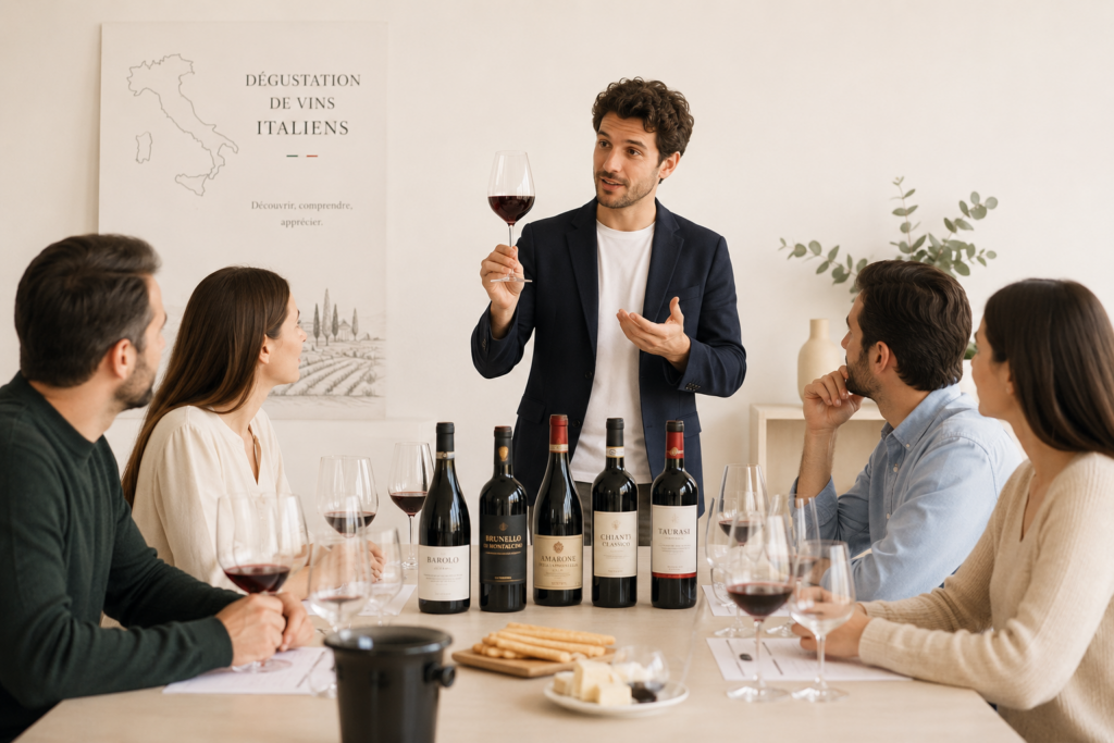 Un sommelier ou animateur debout présente un verre de vin rouge à un groupe de quatre adultes assis autour d'une table. Sur la table sont alignées cinq bouteilles de grands vins italiens (Barolo, Brunello di Montalcino, Amarone, Chianti Classico, Taurasi) à côté de verres à pied, de fiches de dégustation et de collations (gressins, fromage). En arrière-plan, une affiche blanche montre la carte de l'Italie avec l'inscription "DÉGUSTATION DE VINS ITALIENS - Découvrir, comprendre, apprécier."