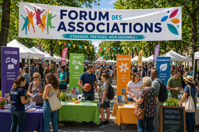 Une allée extérieure animée lors d'un Forum des Associations sous un grand calicot blanc qui affiche "S'engager, partager, agir ensemble !". Au premier plan, des stands colorés représentent différents thèmes comme la Culture, le Sport, la Solidarité et l'Environnement. Des bénévoles et des visiteurs de tous âges discutent chaleureusement autour des tables d'information.